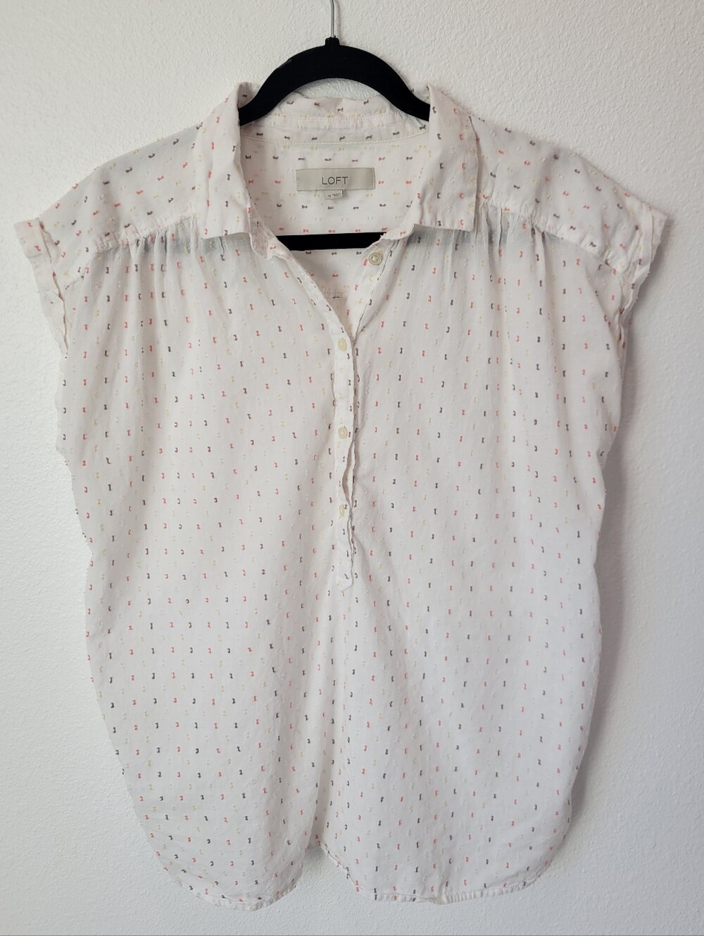 LOFT Womens M Sleeveless Cotton Collared Blouse White Multicolor Fleck Top